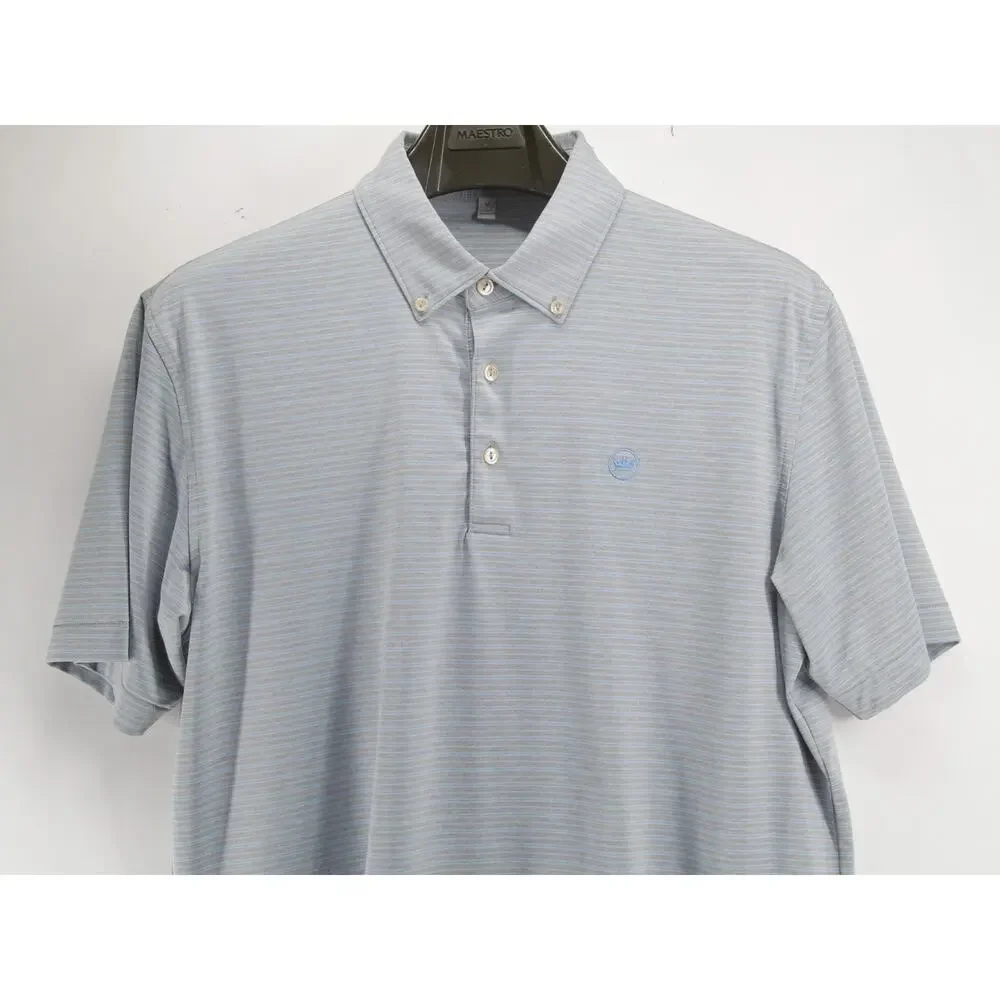 Peter Millar Polo Men Medium Summer Comfort Gray Blue Stripes Short Sleeve Golf
